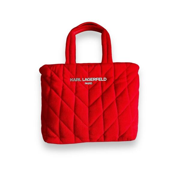 New Karl Lagerfeld Paris Vermillion Red Voyage Terry Designer Tote Bag Style - Picture 3 of 5